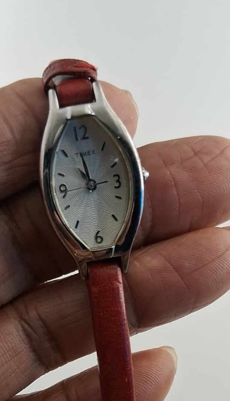 Timex Womens Silver Tone Quartz Watch Textured Dial Red Brown Leather Band